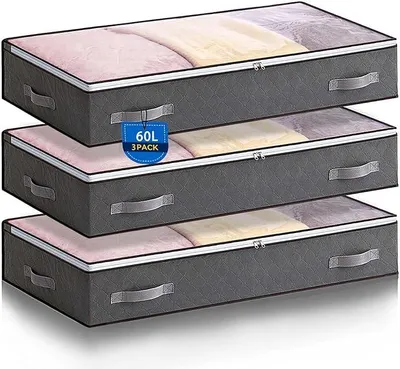 Produktbild von PolkaHome® 3er Set 60L Unterbett Aufbewahrungstaschen, Faltbare Unterbettboxen mit verstärkten Griffen, Aufbewahrungsboxen mit Deckel