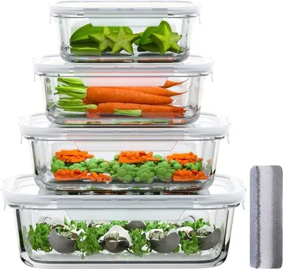 Image de Lot de récipients alimentaires sans BPA, hermétiques, adaptés au micro-ondes et à la congélation, lot de 4 récipients en verre avec couvercles, différentes tailles : 410 ml + 680 ml + 1040 ml + 1520 ml