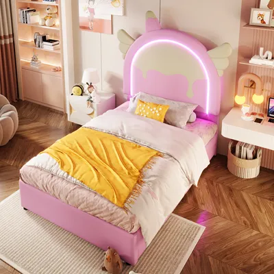 Produktbild von okwish Kinderbett Plattformbett 90×200 cm mit Lattenrost, Polsterbett Prinzessinnenbett für Mädchen, Funktionelles Einzelbett mit Leuchtleiste, Bett mit 2 Schubladen, Rosa(Ohne Matratze)