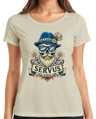 Zdjęcie produktu dla Koszulka damska z motywem "Servus Totenkopf", kapelusz w bawarskim stylu, edelweiss, Bawaria, spodnie skórzane, stroje festiwalowe, kolor: naturalny, rozmiar: 3XL