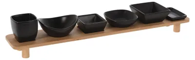 Produktbild von Excellent Houseware Tapas-Servierset, Keramik/Bambus, 50 x 8,5 x 9 cm, schwarz/braun