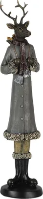 A full-body figurine of a deer dressed in winter clothing.