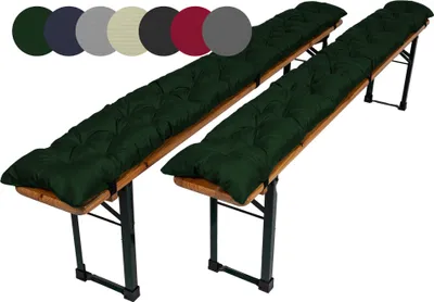 Two dark green tufted bench cushions are placed on wooden beer garden benches, shown from a slightly elevated diagonal angle against a white background. A row of circular color swatches is visible in the upper left corner.