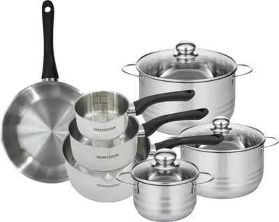 Image de Batterie de cuisine avec 1 poêle 24 cm 3 casseroles 12/16/20 cm et 3 faitouts 16/20/24 cm en inox sans PFAS Fackelmann Généva Brillant