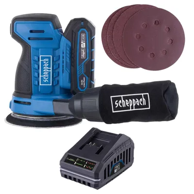 Produktbild von Scheppach Akku-Exzenterschleifer C-OBS125-X | Ø 125mm | 6000 – 24.000 min-1 | Klettverschluss | Softstart | 20V IXES | inkl. 2Ah Akku + 2,4A Ladegerät