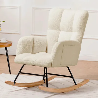 Obrázok produktu pre Hojdacia stolička - Kreslo - Jedálenská stolička - Relaxačné kreslo - Béžová látka "Teddy" - Ergonomický dizajn s podrúčkami