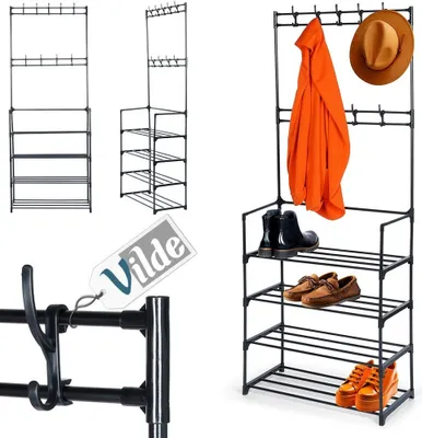 Image de Vilde Porte-manteau Porte-manteau au sol avec porte-chaussures en métal noir 57x28x156 cm