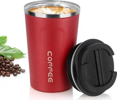 Produktbild von Famanu Thermobecher 380 ml - roter Edelstahlkaffeebecher mit auslaufsicherem Deckel