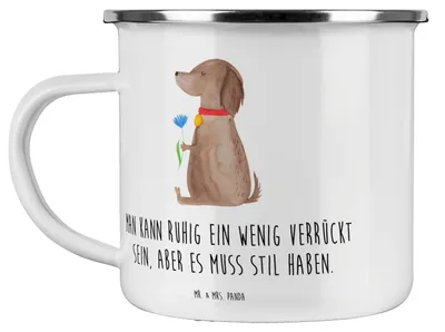 Produktbild von Mr. & Mrs. Panda Teetasse Hund Blume - Weiß - Geschenk, Emaille Tasse, Teebecher, Haha, Pott, Hunde, Stil, Becher, Halsband, Sprüche