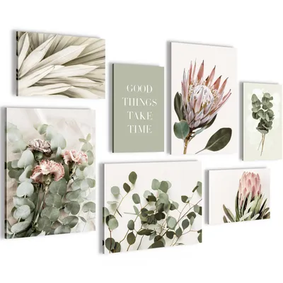 Produktbild von Novart Wandbilder Grün Blätter - KOMPLETT AUFHÄNGFERTIG - Boho Beige Wohnzimmer Schlafzimmer - 7 Moderne Mood-Bilder - N023071a