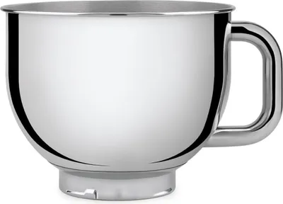 A close-up studio shot of a stainless steel mixing bowl with a handle.