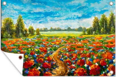 Produktbild von MuchoWow® 120x80 cm Outdoor-Poster Gartendeko Sichtschutz Garten Poster für den Garten  Ölfarbe - Malerei - Blumen - Landschaft