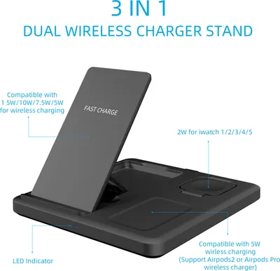 Immagine prodotto di 15w Fast Wireless Charger Stand per Iphone Airpods Watch 3-in-1 Stazione di ricarica pieghevole Dock Nero