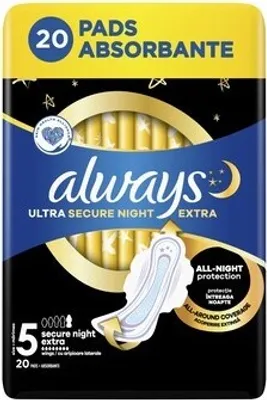 Produktbild von Always Ultra Secure Night Extra Wrappers mit Flügeln Größe 5 20 Stück.