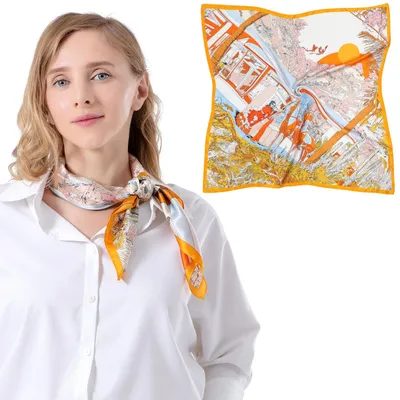 Zdjęcie produktu dla Szalik jedwabny, 100% jedwab, damski - pomarańczowy/żółty/niebieski