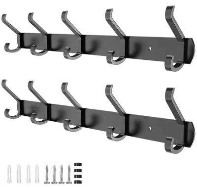 Produktbild von Wandgarderobenhaken, 2er-Set mit 5 Haken, Metallgarderobenhaken, Garderobenständer für Schlafzimmer, Badezimmer, Küche, Kleiderschrank, Wandgarderobe (schwarz)