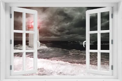 Produktbild von Wallario Wandbild mit Fenster-Illusion: Leuchtturm im Wasser bei stürmischer See, Größe: 61 x 91,5 cm, Poster mit rahmenlosen Bildhalter