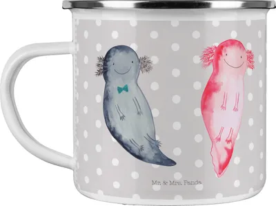 Produktbild von Mr. & Mrs. Panda Emaille Tasse Axolotl Freundin - Grau Pastell - Geschenk, Liebe, Verlobter, Valentinstag, becher, Teetasse, Reisebecher, Emailletasse, Pott
