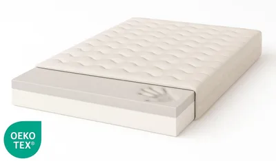 A cross-section of a mattress showing its layers, with an OEKO-TEX logo in the bottom left corner.