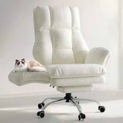 Produktbild von Drehstuhl Bürostuhl Ergonomisch mit klappbaren Armlehnen, Gaming Stuhl mit Fußstütze & 135° Verstellbarer Rückenlehne, Weiß -Teddy-Fleece-Stoff