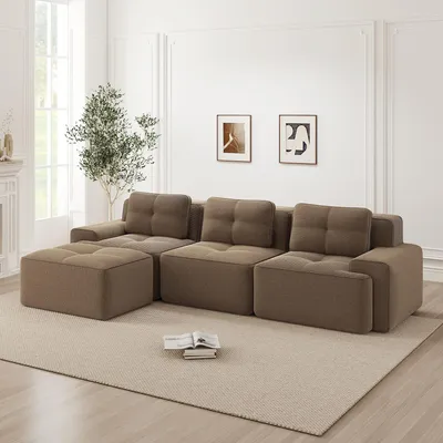 Zdjęcie produktu dla Sofa „Cloud” z tkaniny sztruksowej w kształcie litery L, sofa modułowa bez ramy, z podnóżkiem, 293 x 177 x 69 cm, brązowa