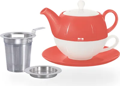 Produktbild von Buchensee Tea for one Set / Teeset Lena, Teekanne 500ml mit Sieb, Teetasse, Untertasse und Abtropfschale, coralrot, Crystal Bone China Porzellan