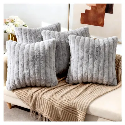 Produktbild von Kissenbezug aus Plüschsamt 40x40, Weicher Deko-Kissenbezug in Hellgrau, Flauschiges 4er Set mit Verdecktem Reißverschluss für Sofa, Schlafzimmer, Zuhause und Auto