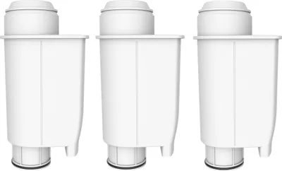 Three identical white water filter cartridges are displayed side-by-side against a white background.