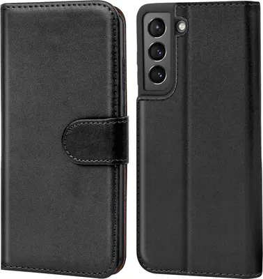 A black flip case for a Samsung Galaxy S22 phone is shown in two views: closed and open, revealing the phone's camera module.