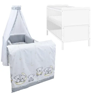 Produktbild von Baby-Delux Babybett Kinderbett Jack Umbaubar 140x70 Weiß Beißschienen Bettset Komplett mit Motiv Teddy Mond Grau Waffelpique