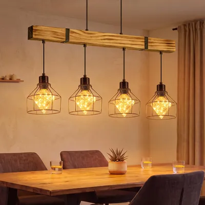 Image de Suspension ZMH, 4 lumières, style rétro, idéale pour table à manger, abat-jour en bois, lampe de table à manger, douille E27, style industriel, suspension réglable en hauteur, pour salle à manger, cuisine ou salon