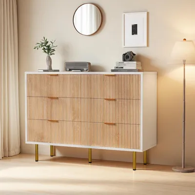 Immagine prodotto di Comodino con 6 cassetti, mobiletto contenitore, legno, gambe in metallo, bianco, legno naturale