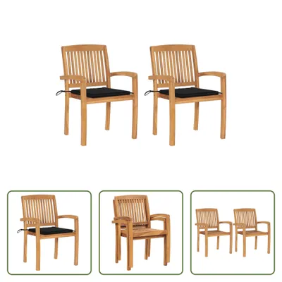 Produktbild von The Living Store Gartenstühle 2 Stk. mit Schwarzen Kissen Massivholz Teak