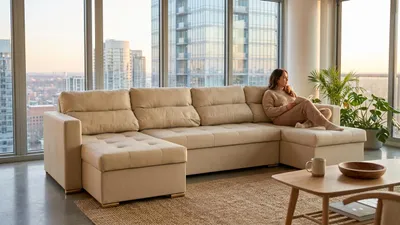 Produktbild von Ecksofa VARIUS BIG Boston – Universal, Kunstleder in Beige, Family Meble, KI-generiertes Bild