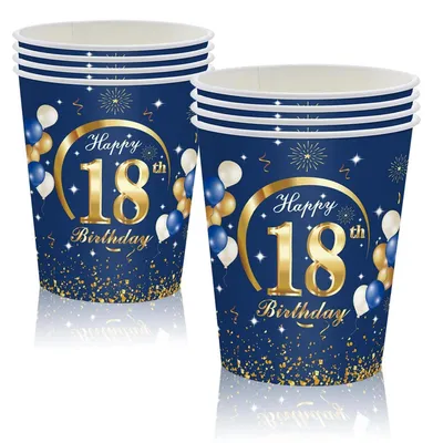 Immagine prodotto di 16 bicchieri di carta da 9 oz/250 ml, color blu e oro, ideali per feste e compleanni, inclusi quelli per il diciottesimo compleanno