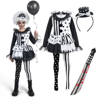 Killer-Clown-Kostüm, Harlekin-Kleid Schwarz-Weiß für Mädchen