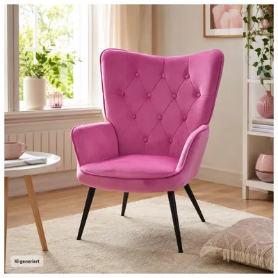 Produktbild von Ohrensessel Freya, Pink Velours, mit dekorativer Knopfsteppung, 70x94x77,5 cm