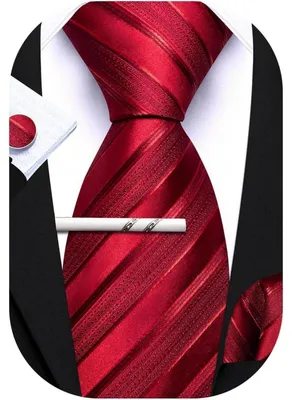 Image de Ensemble de cravates en soie comprenant une pochette de costume et des boutons de manchette, motif paisley, couleurs rouge, argent et noir