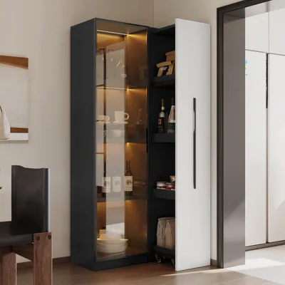 Image de Vitrine de 70x40x160 cm avec portes en verre, tiroir latéral et éclairage LED, noire et blanche