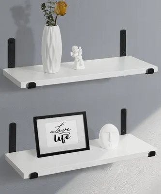 Image de Étagère murale, bois blanc, étagère en métal noir, étagère murale, salle de bains, chambre d'enfant, cuisine, salon, décoration moderne, lot de 2