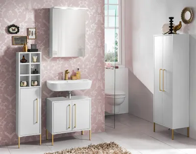 Produktbild von Badmöbel Kombination SARAY-80 in kreideweiß mit Griffen in goldfarben, B/H/T: ca. 102,5/200/30,1 cm