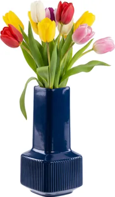 Image de Vase Vase de fleurs en céramique avec rainures Marine H 20 cm Brillant Vase de table décoratif Vases Fleurs Déco Moderne Glamour, motif tridimensionnel, inspiration florale, bouquets vivants