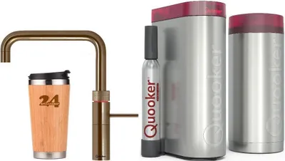 Produktbild von QUOOKER FUSION SQUARE Festauslauf Messing Patina COMBI+B CUBE 2 (22+FSPTNCUBE) 100° Kochendwasserhahn mit Trinkwassersystem Inklusive Thermobecher