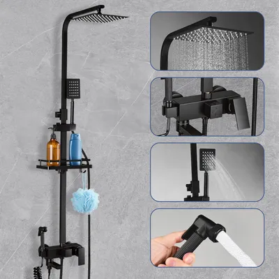 Produktbild von REMZETTA Duschsystem mit quadratischer Regendusche, Handbrause und zusätzlicher Sprühbrause, 4 Strahlarten, Duschset in Schwarz für das Badezimmer