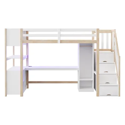 Produktbild von Flieks Etagenbett 90x200cm mit Schreibtisch & Regal, Kinderbett Hochbett mit Kleiderschrank & Led, Stockbett Jugendbett Einzelbett mit Treppe, Holz