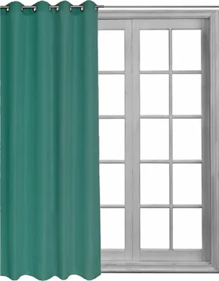 A teal curtain is shown hanging in front of a window with multiple panes.