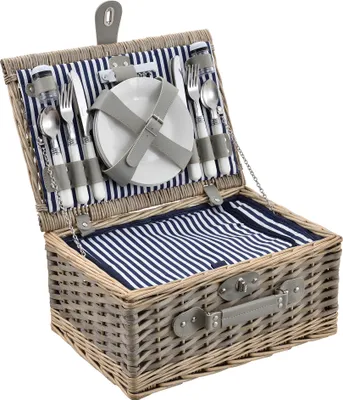 Produktbild von [casa.pro]® Picknickkorb für 4 Personen mit Kühltasche, Besteck, Geschirr, Gläsern - weiß/blau