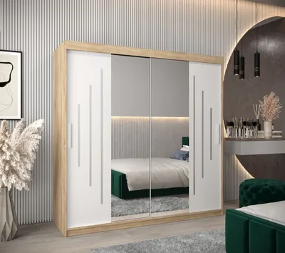 Obrázek produktu pro Šatní skříň se zrcadlem SOFIA - šířka 200 cm, dub sonoma / bílá