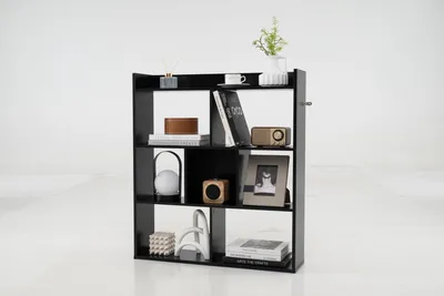 Produktbild von GOPLUS Geometrisches Bücherregal, Würfelregal mit 7 Fächern & Ablagen, Aufbewahrungsregal mit offener Rückseite, Raumteiler Regal Standregal, Schwarz