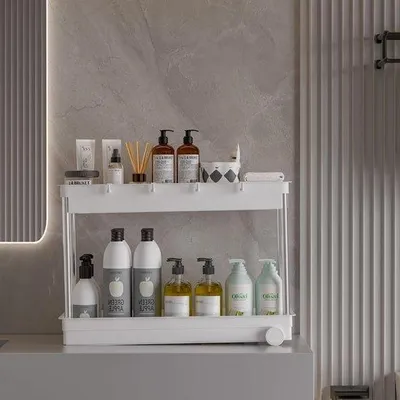 Image de Organisateur de cuisine avec 4 crochets et 2 étages, multifonctionnel sous l'évier, pour la cuisine, la salle de bain, les placards et les tables (blanc)